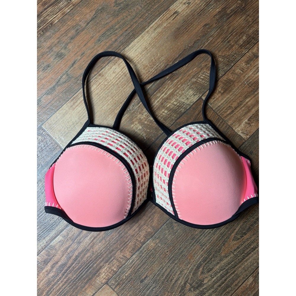 Victoria's Secret Crochet Bikini Top Pink Black Geometric Padded 36DD Swimwear